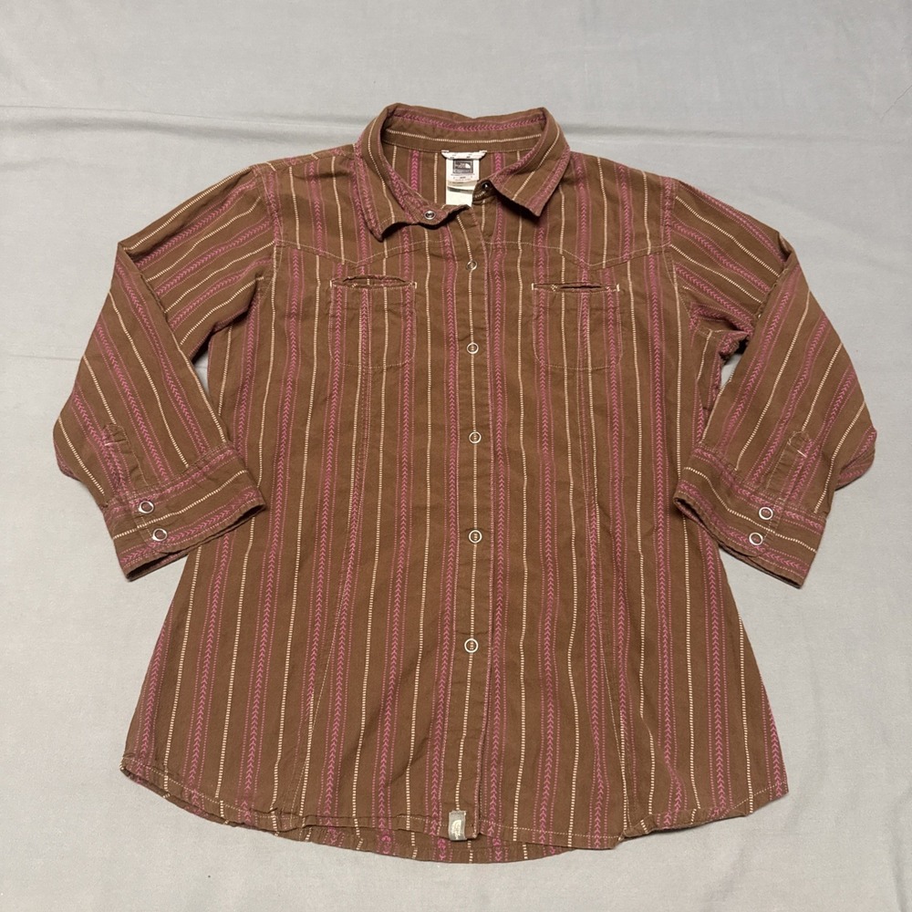 VINTAGE‎ NORTH FACE WOMENS SHIRT MEDIUM BROWN LONG SLEEVE COTTON BUTTON DOWN
